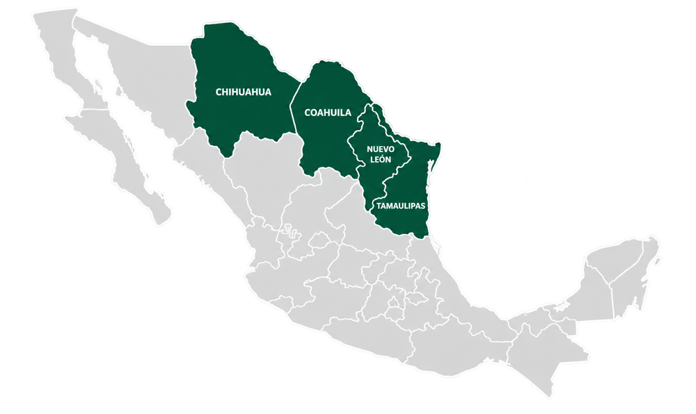 Mapa de cobertura de BR Suministros Médicos: Chihuahua, Coahuila, Nuevo León y Tamaulipas